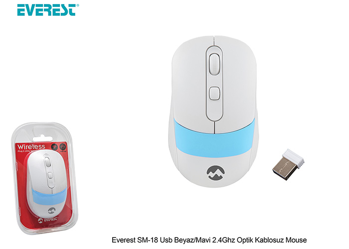 EVEREST SM-18 USB BEYAZ MAVI 2.4Ghz OPTIK KABLOSUZ MOUSE